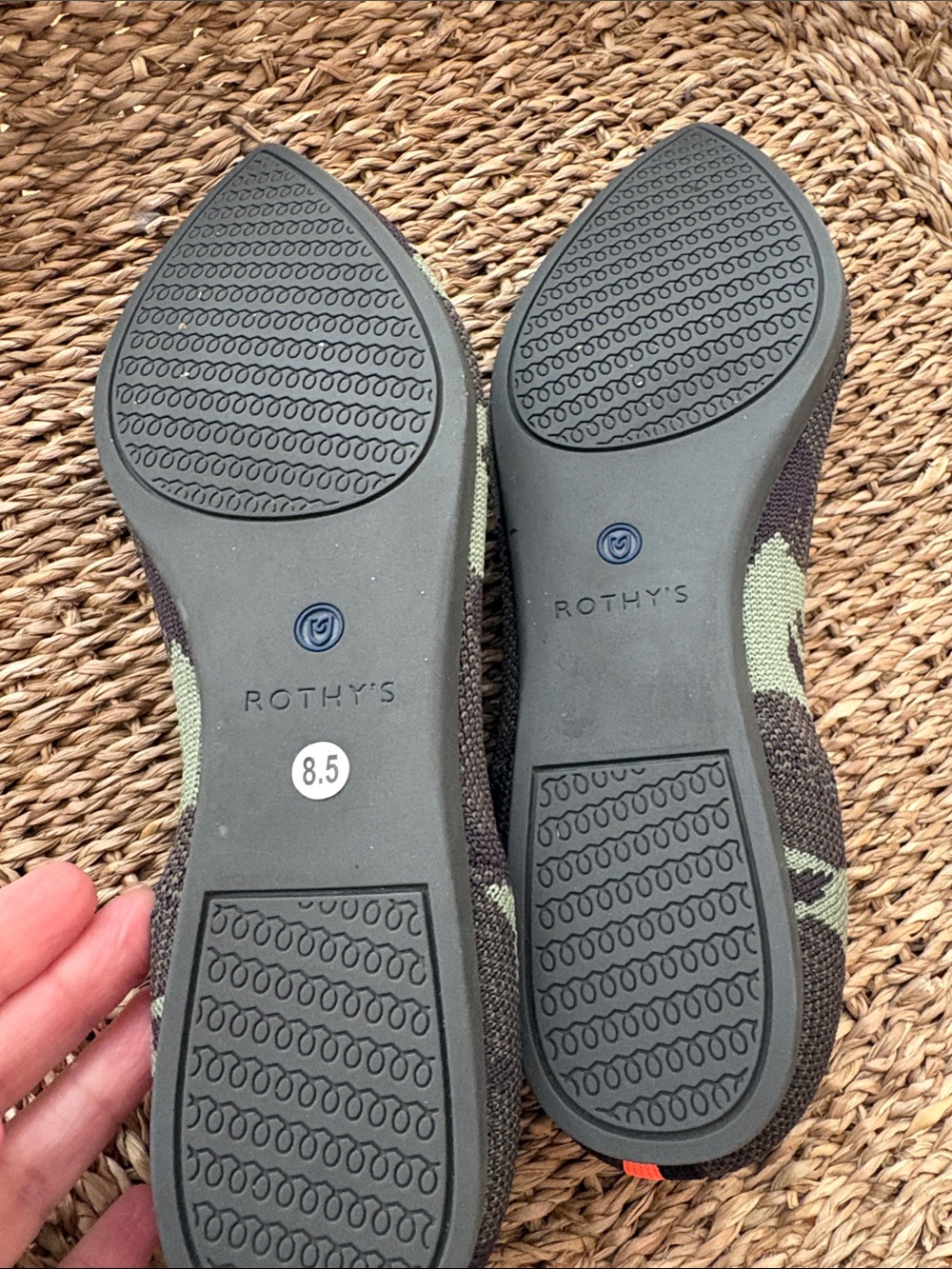 Rothy's Green Camouflage Pointed-Toe Flats with Blue Trim - Picture 2 of 4